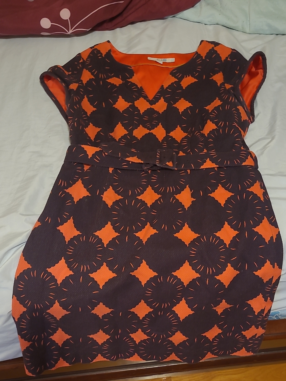 Red and Dark Purple Geometric Fit-and-Flare Dress